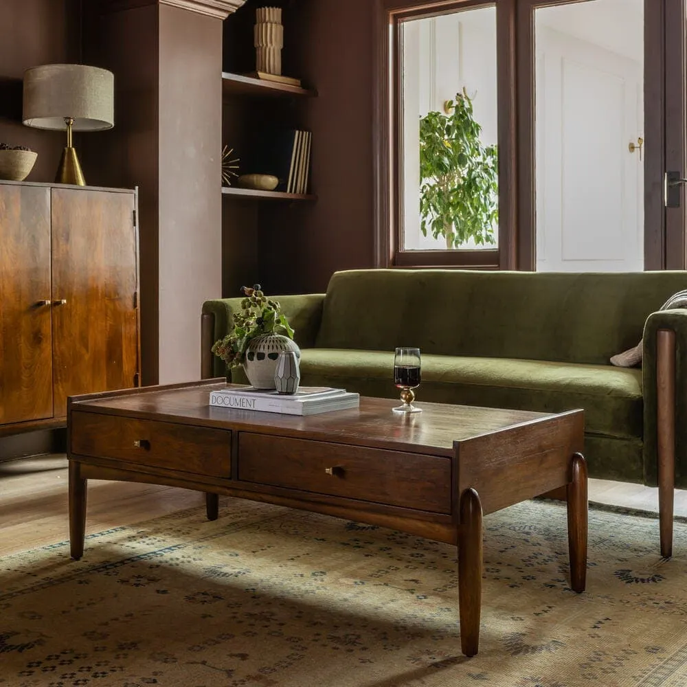 Dark mango wood coffee table with drawers