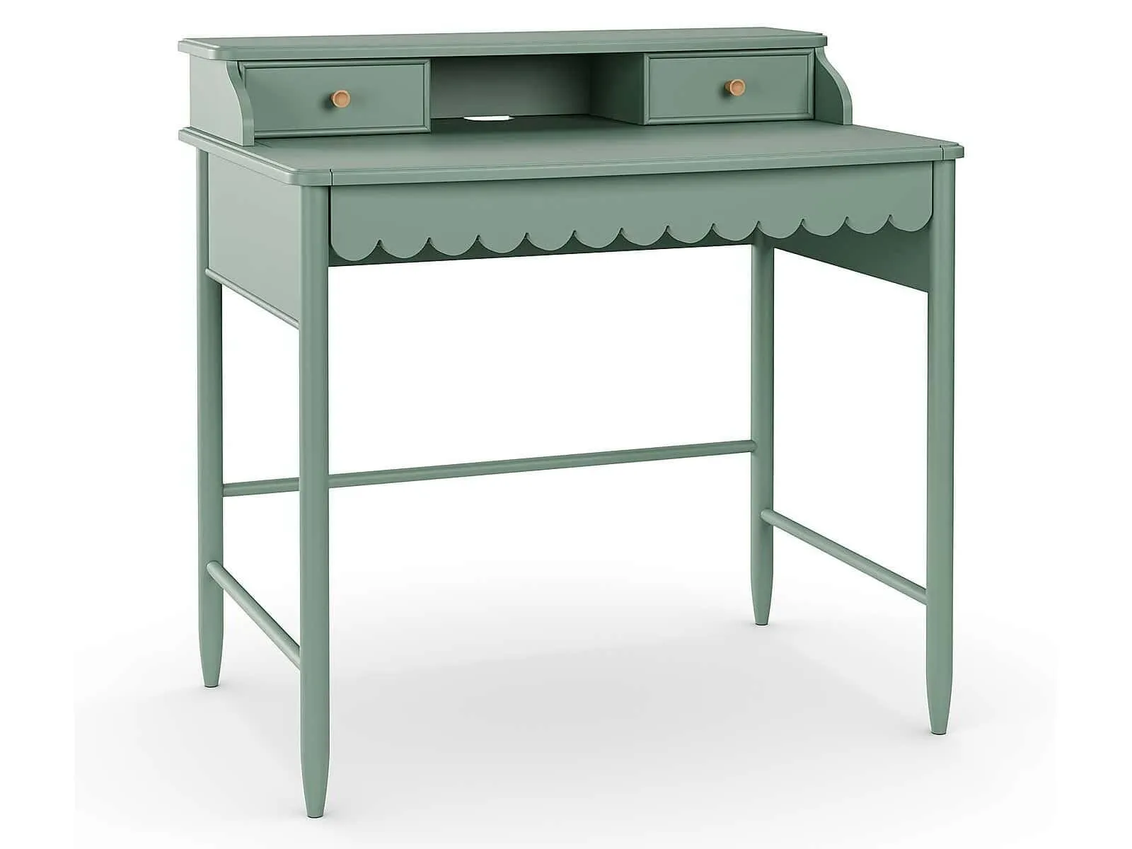 Green-painted desk with scallop edge drawer