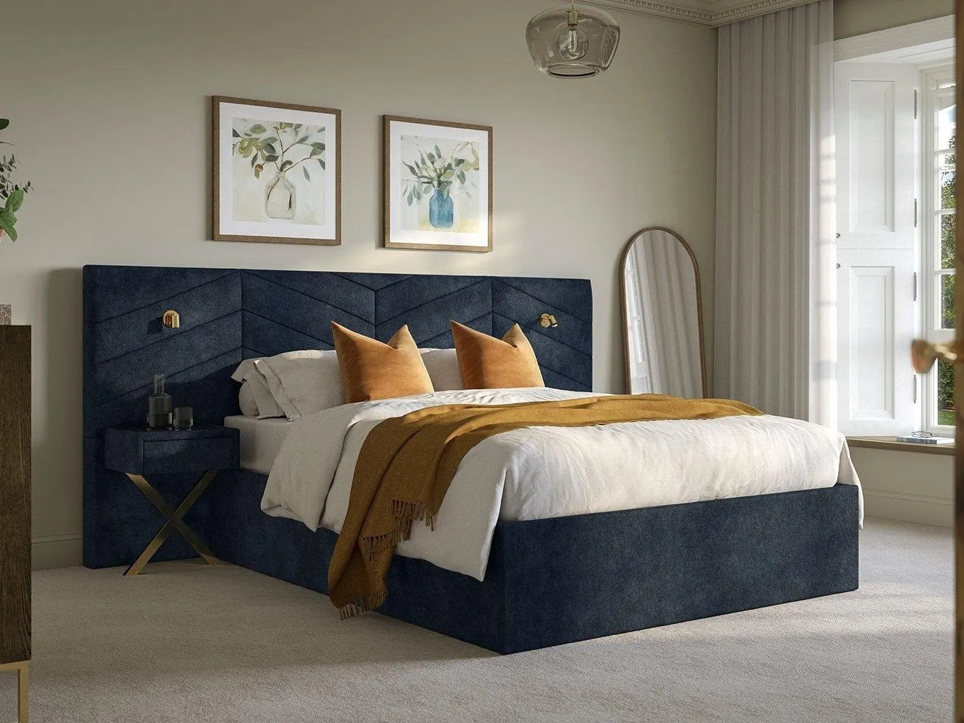 Navy velvet bed frame with side tables and large headboard