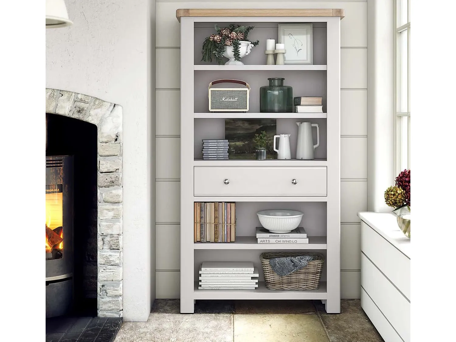 Wide stone grey bookcase with drawer