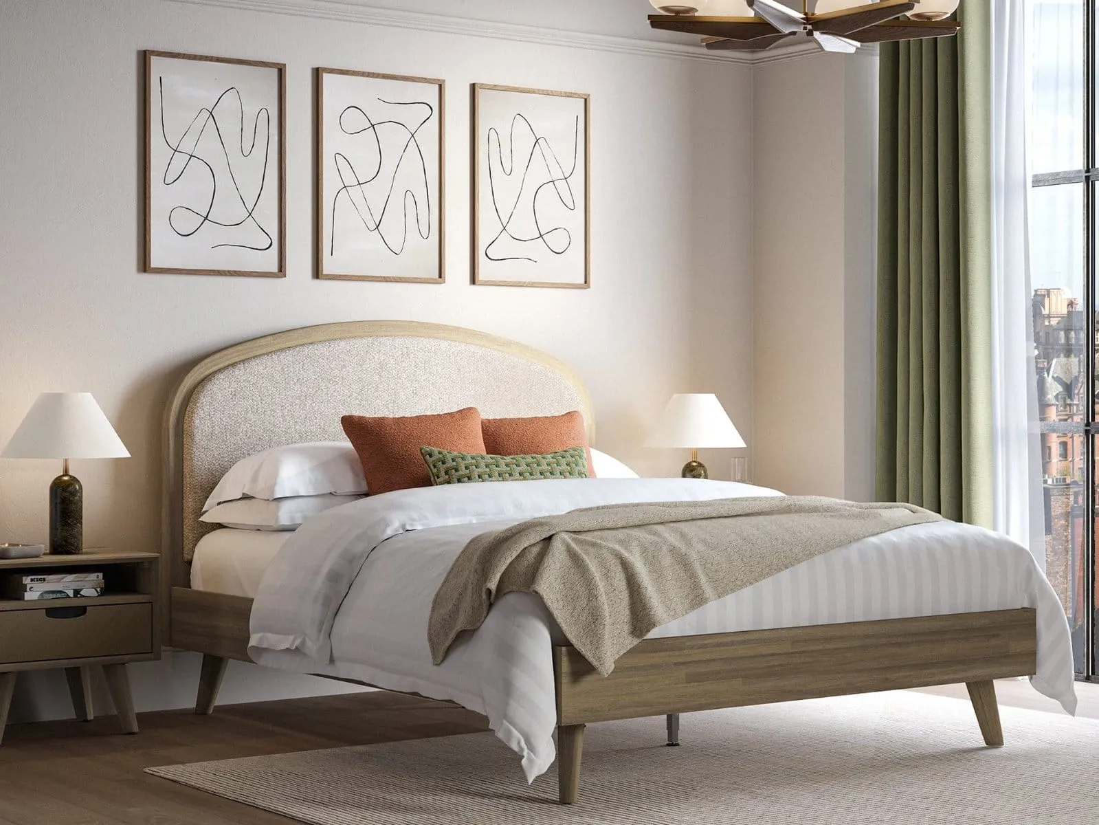 Acacia wood bed frame with fabric upholstered curved headboard