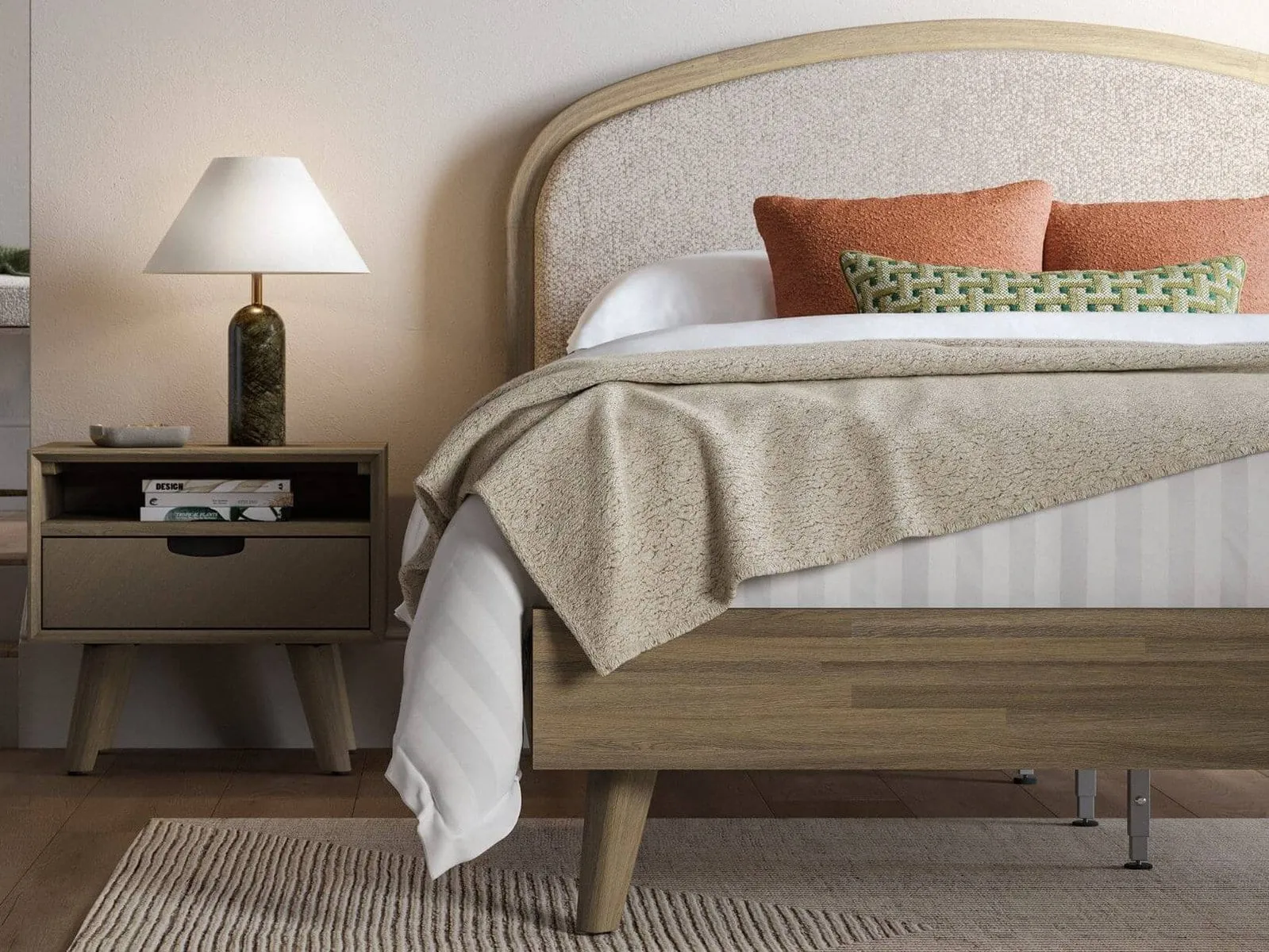 Wooden bed frame with upholstered headboard
