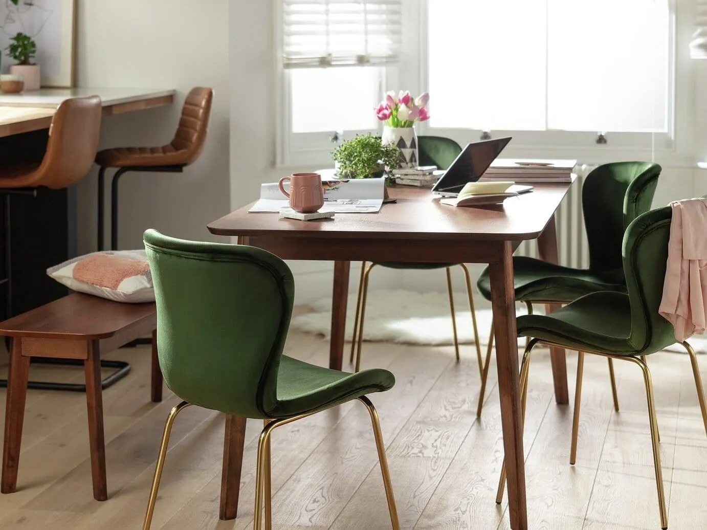 Walnut dining table and 4 green velvet chairs
