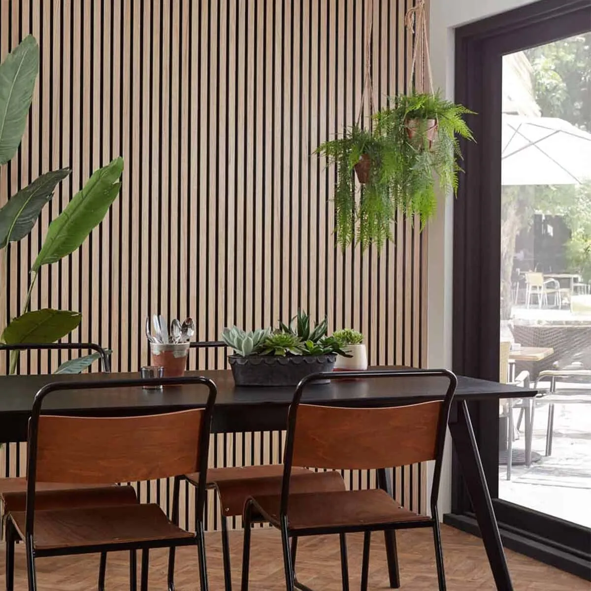 Slatted oak wall panels