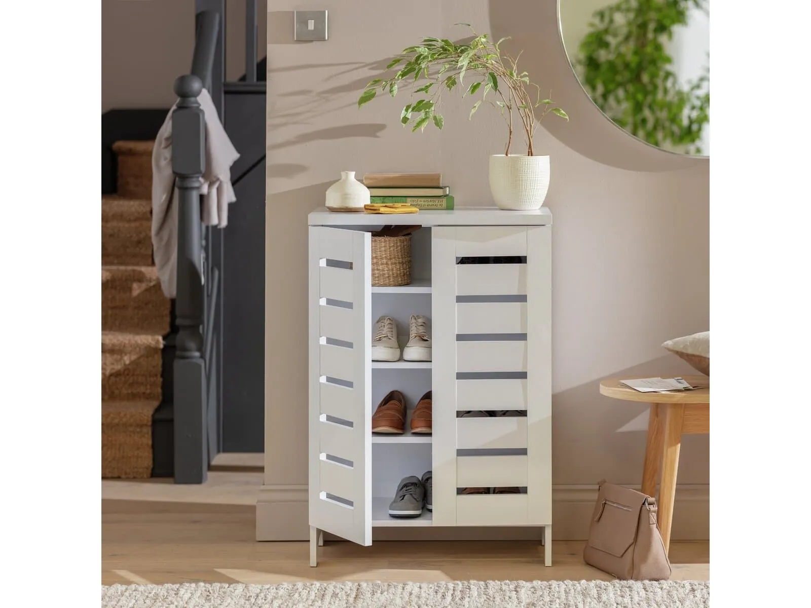 White shoe cupboard with 2 slatted doors and 3 internal shelves