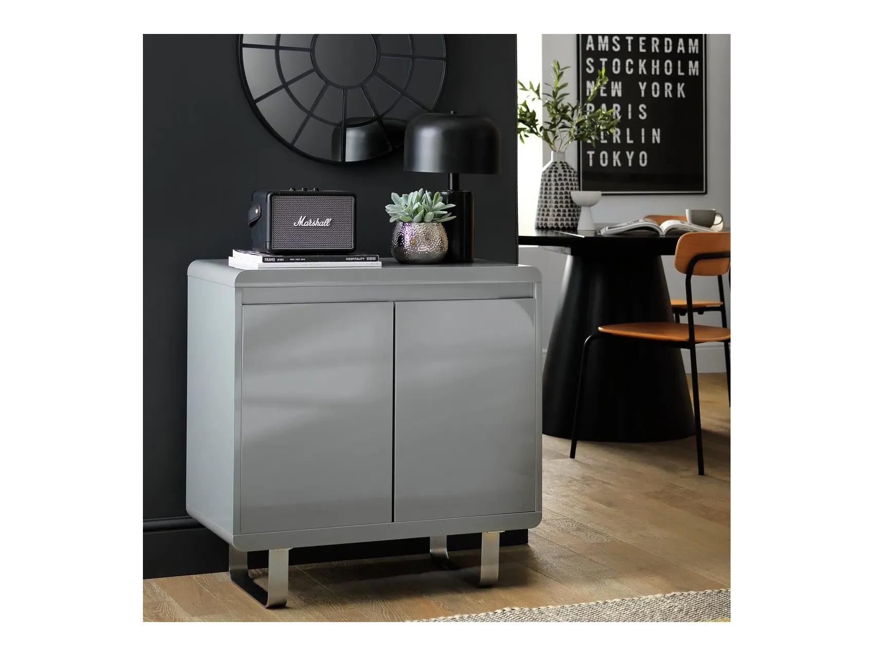 Grey gloss 2-door sideboard with sleigh-style legs