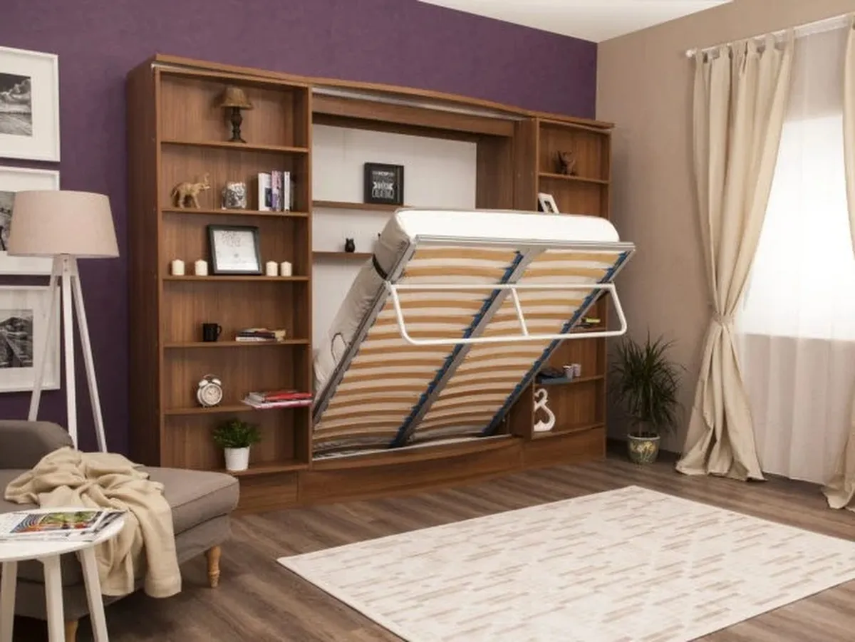Wall bed sytsem with drop-down bed and surrounding shelving