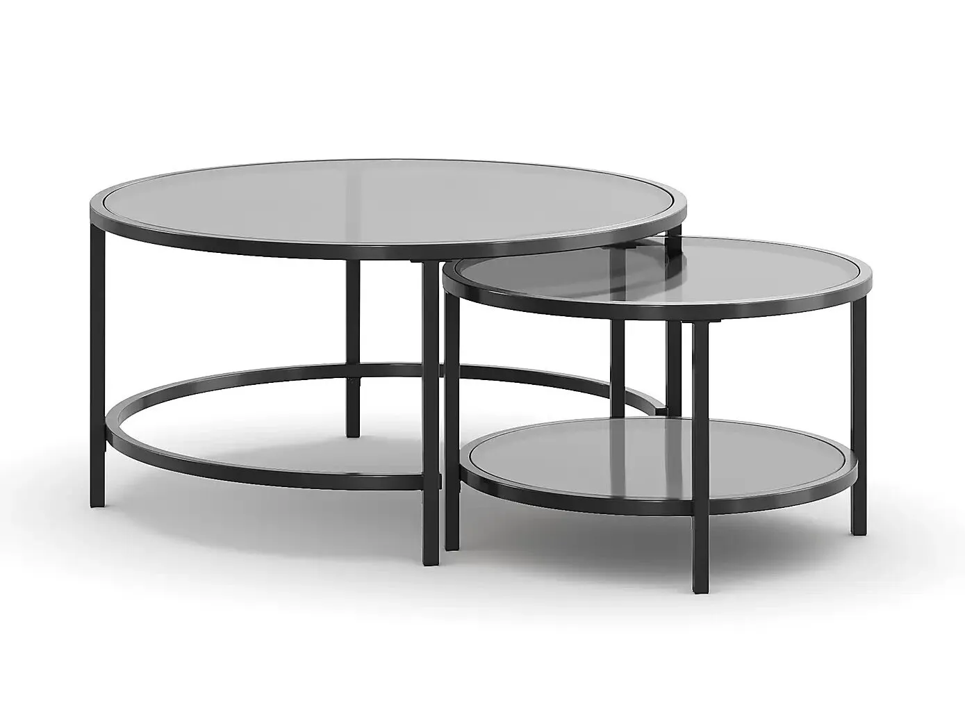 Pair of round black frame glass coffee tables