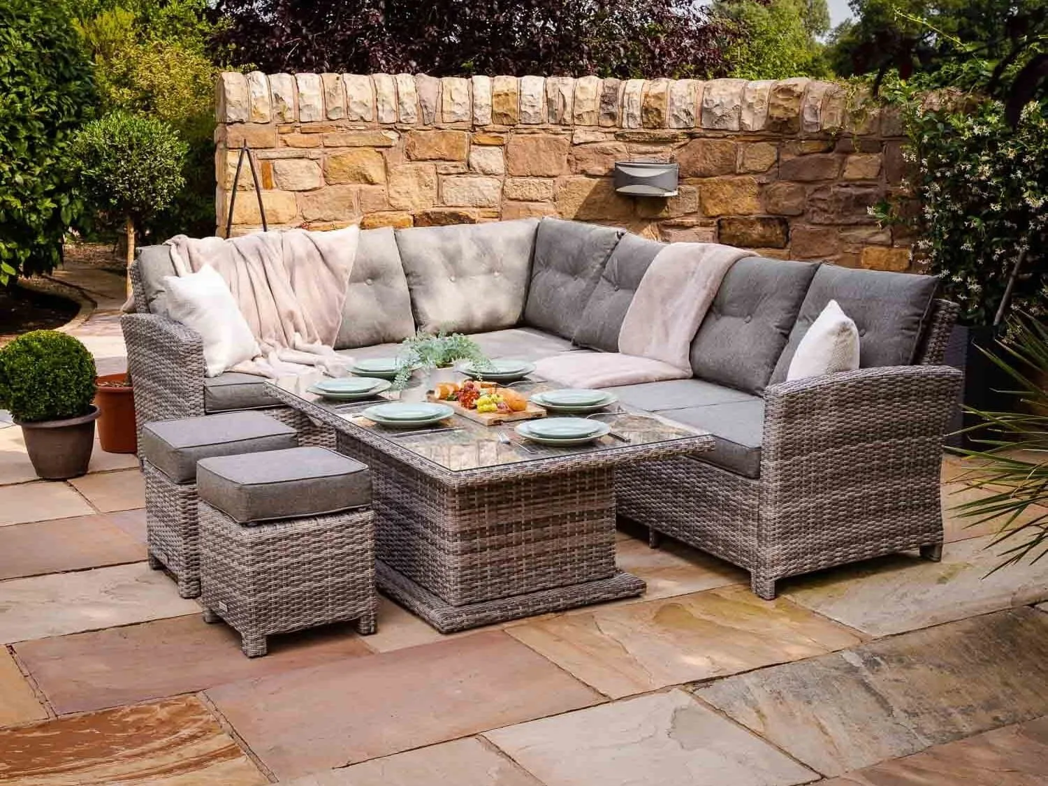 Outdoor rattan corner sofa and adjustable dining table