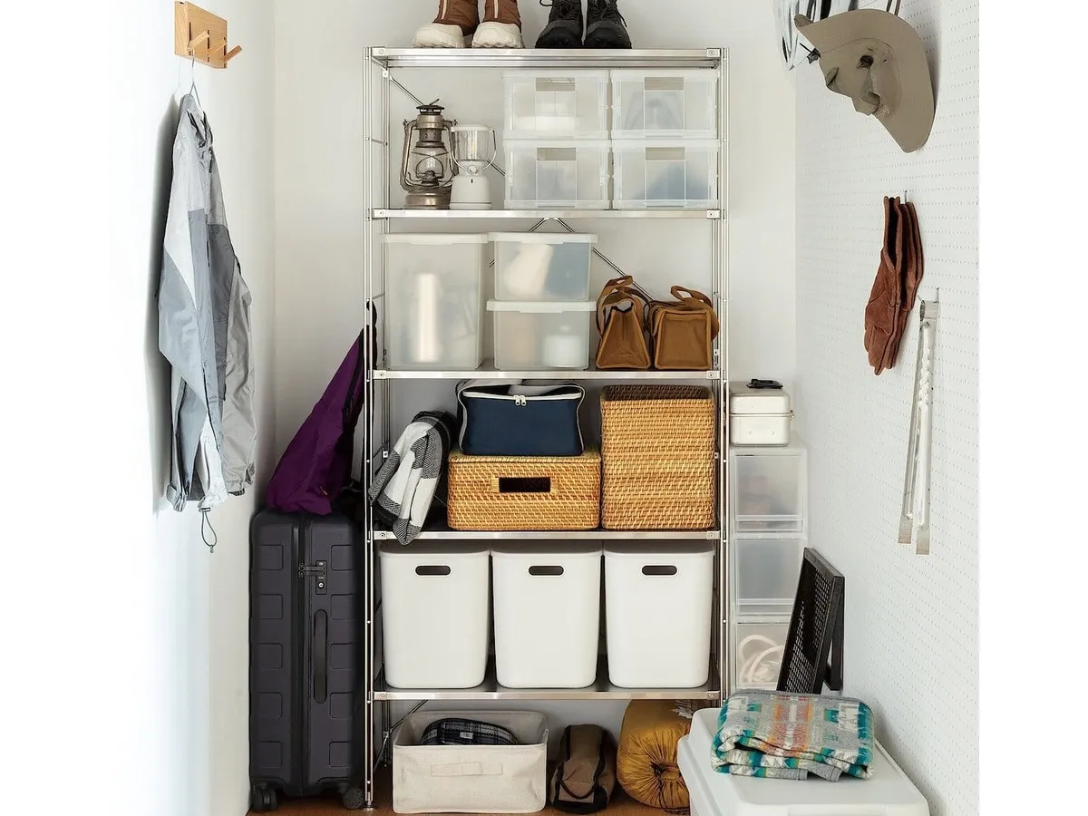 Tall modular steel and pine shelving unit