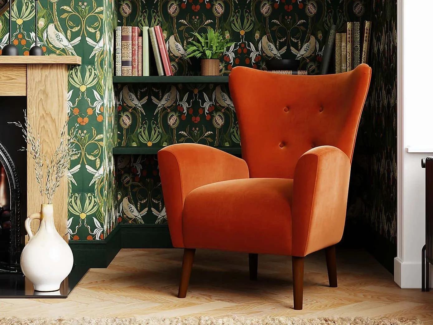 Rust fabric wing chair