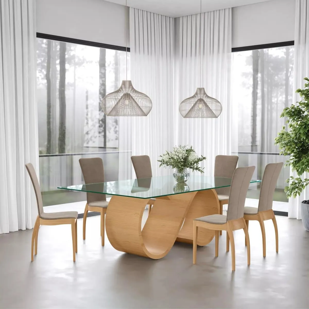 Glass dining table with oak swirl-shaped base