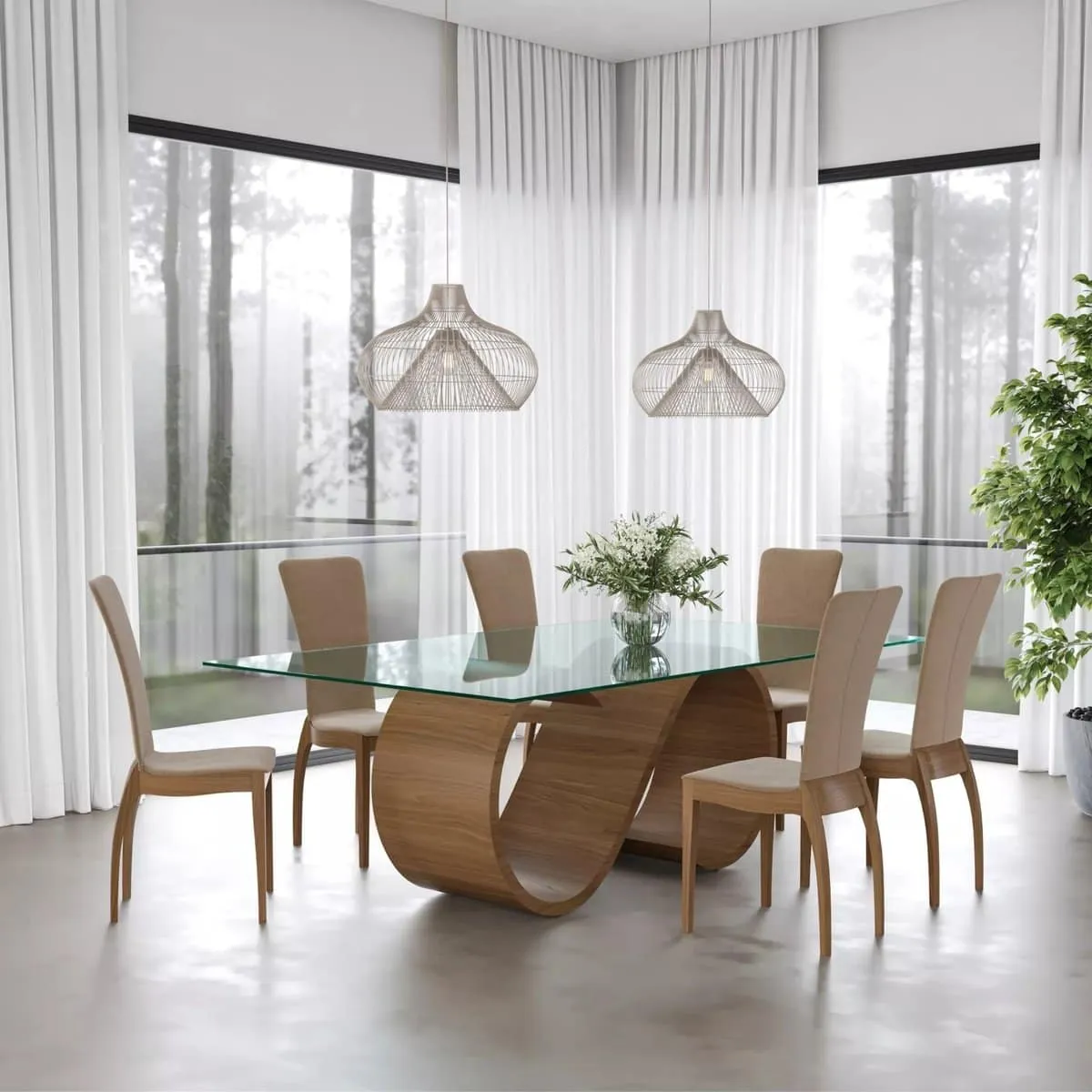 Glass topped dining table with walnut swirl-shaped base