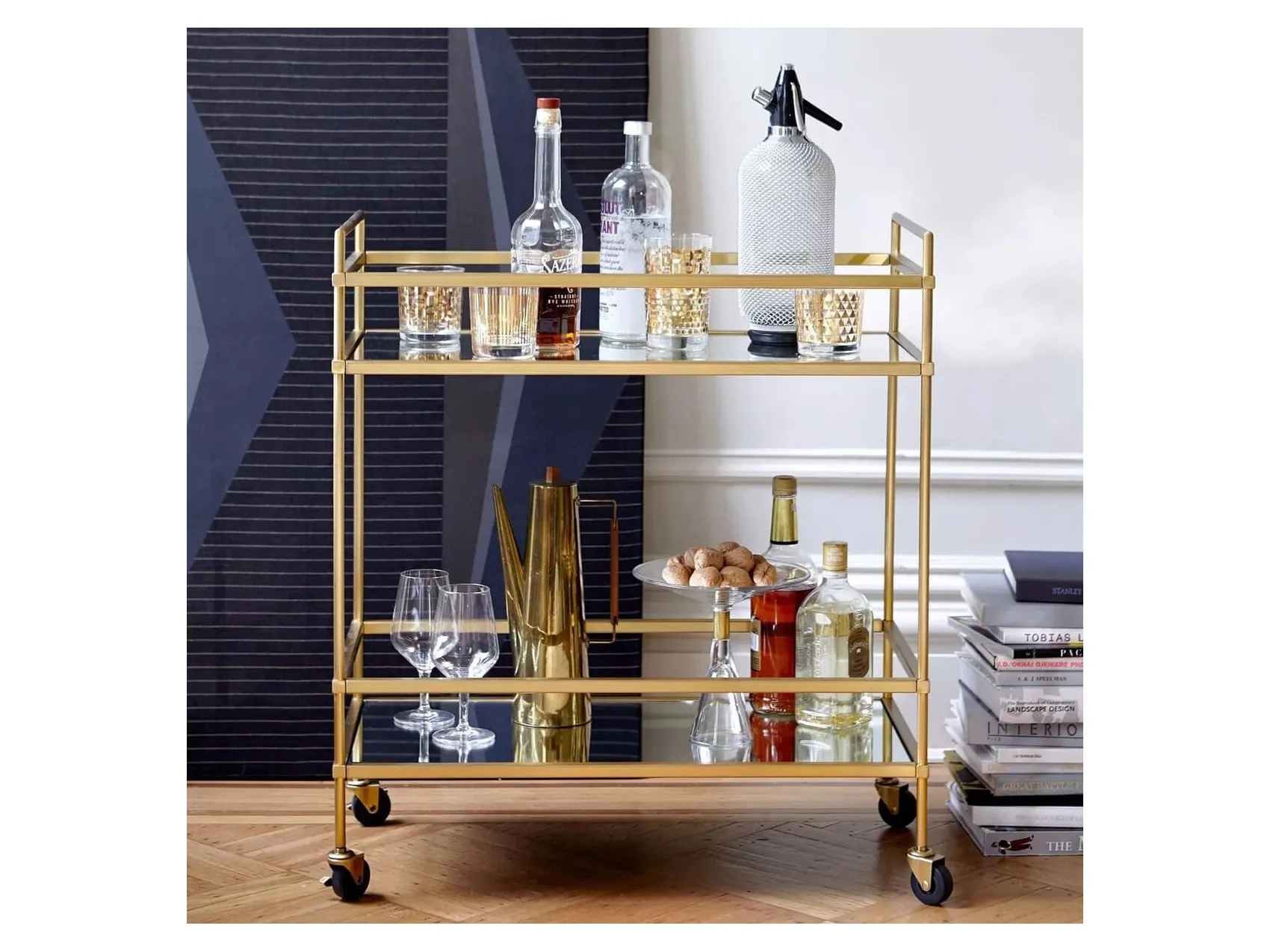 Brass frame bar cart with glass shelves