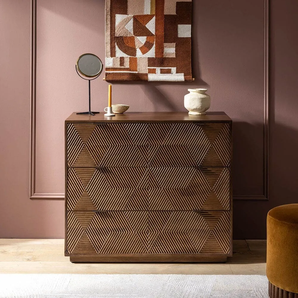 Mango 3-drawer chest with carved detailing