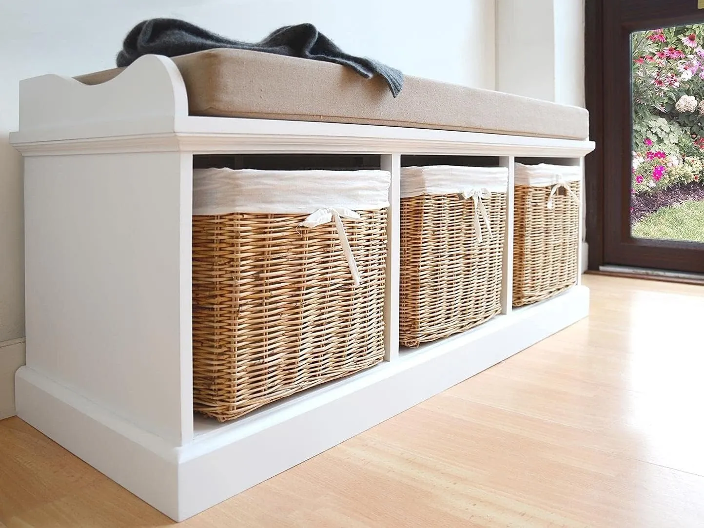 White-painted hallway bench with 3 baskets