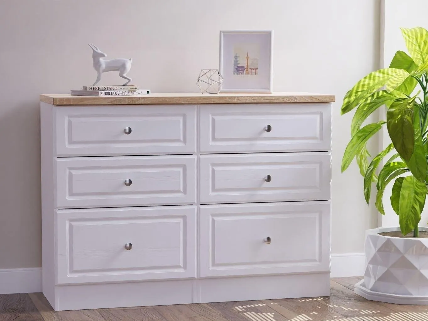 3+3 white drawer chest with oak tops