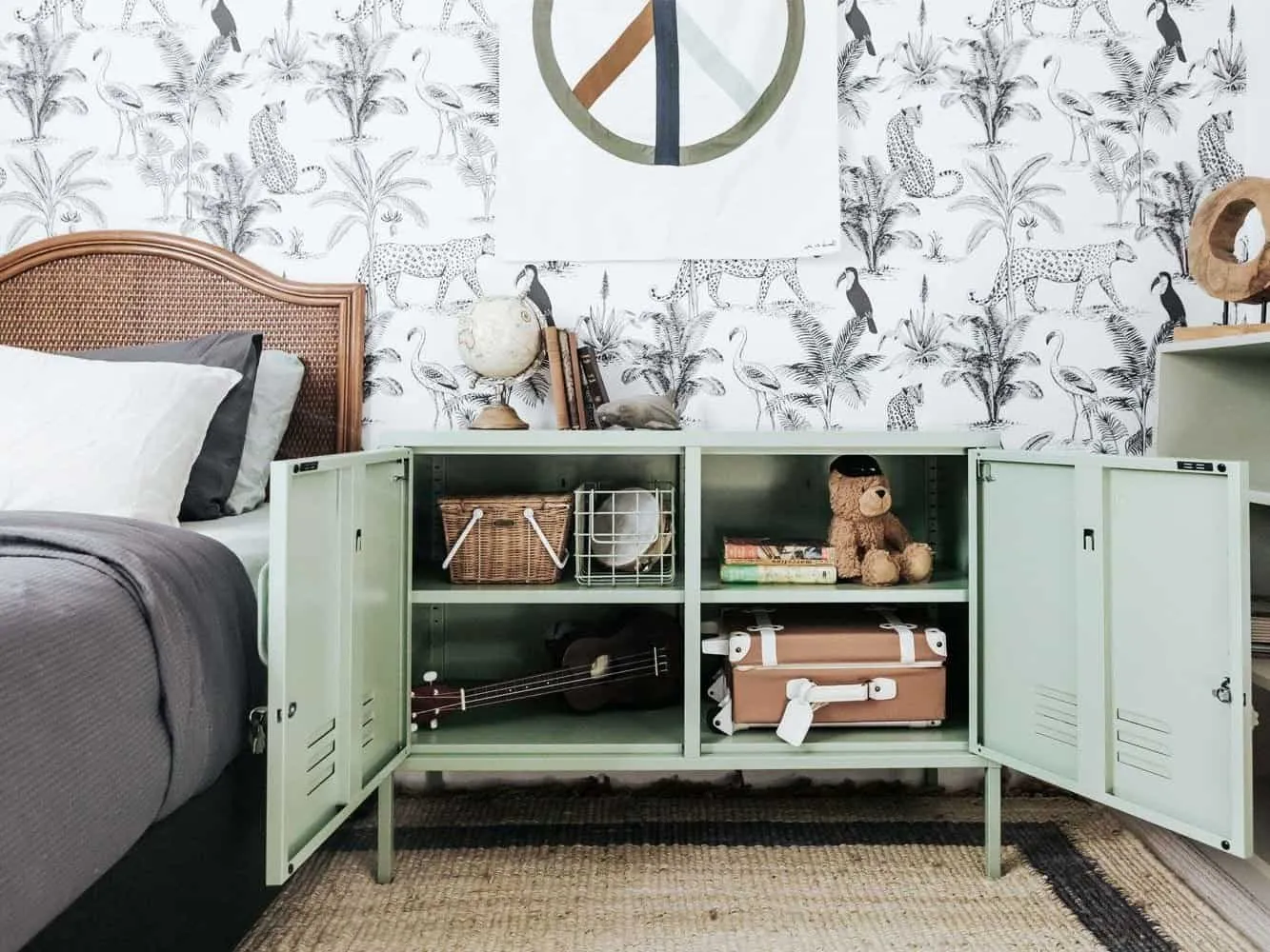 Pale gree locker-style sideboard cabinet