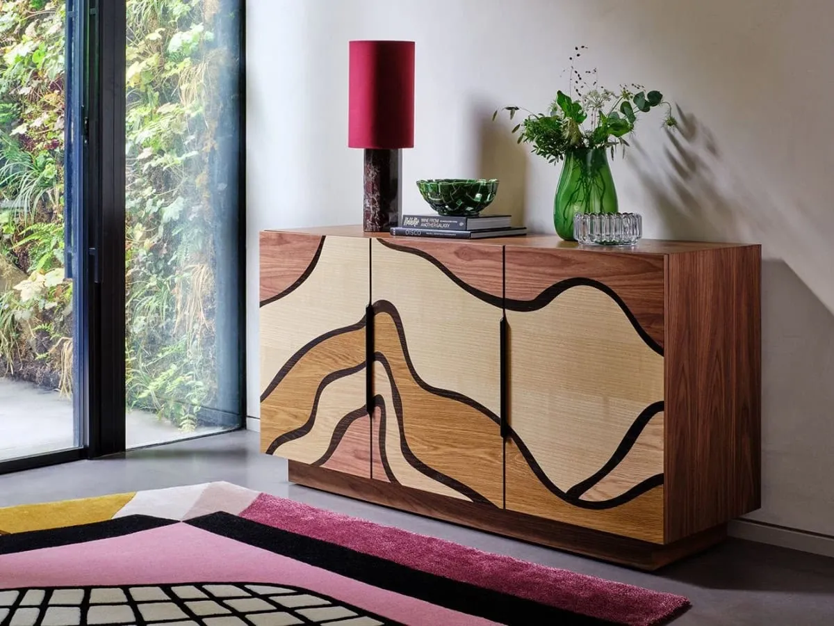 Eye-catching sidebaord with 3 doors featuring a unique wood inlay pattern
