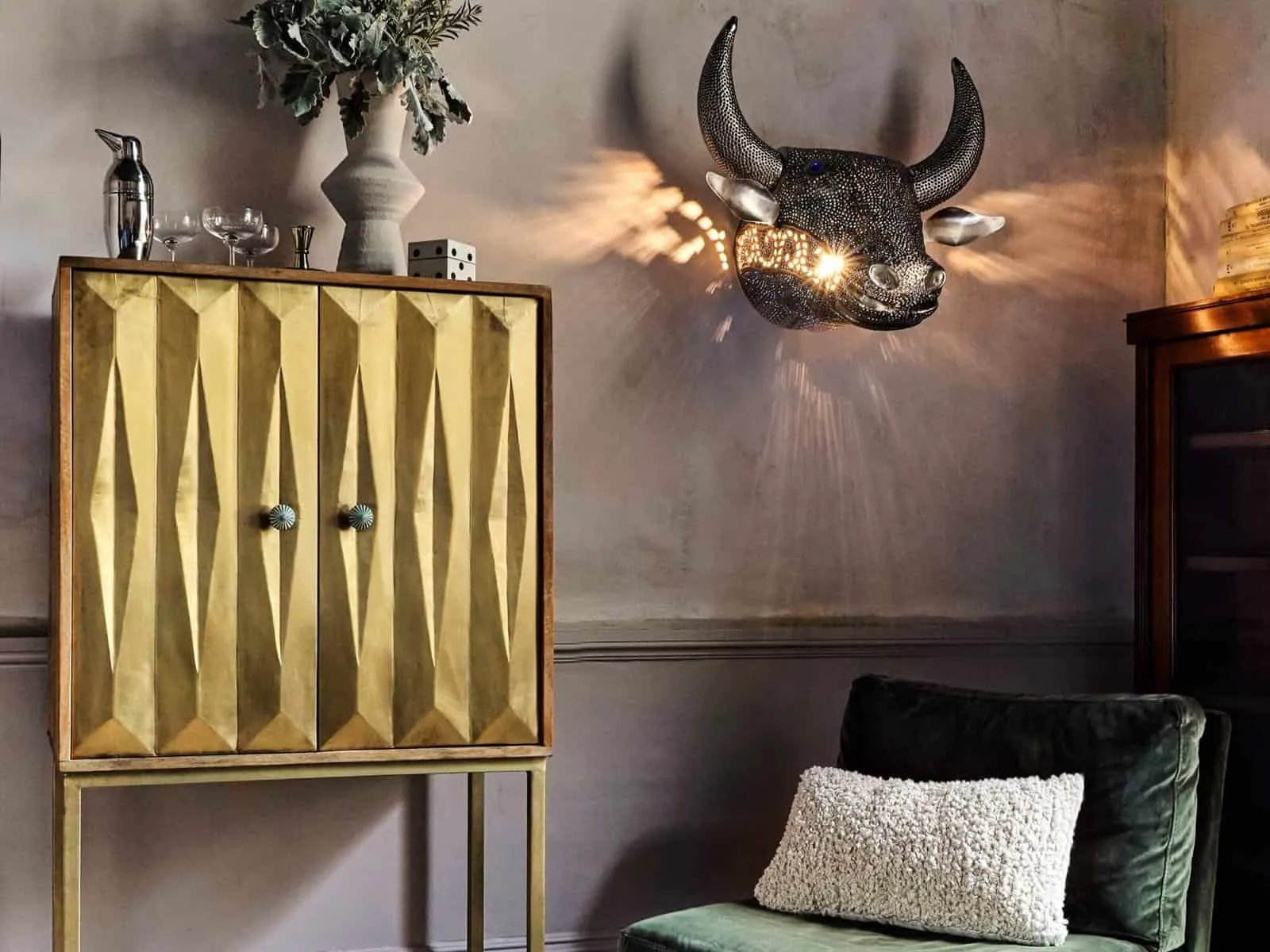 Mango wood bar cabinet with brass finish doors and frame