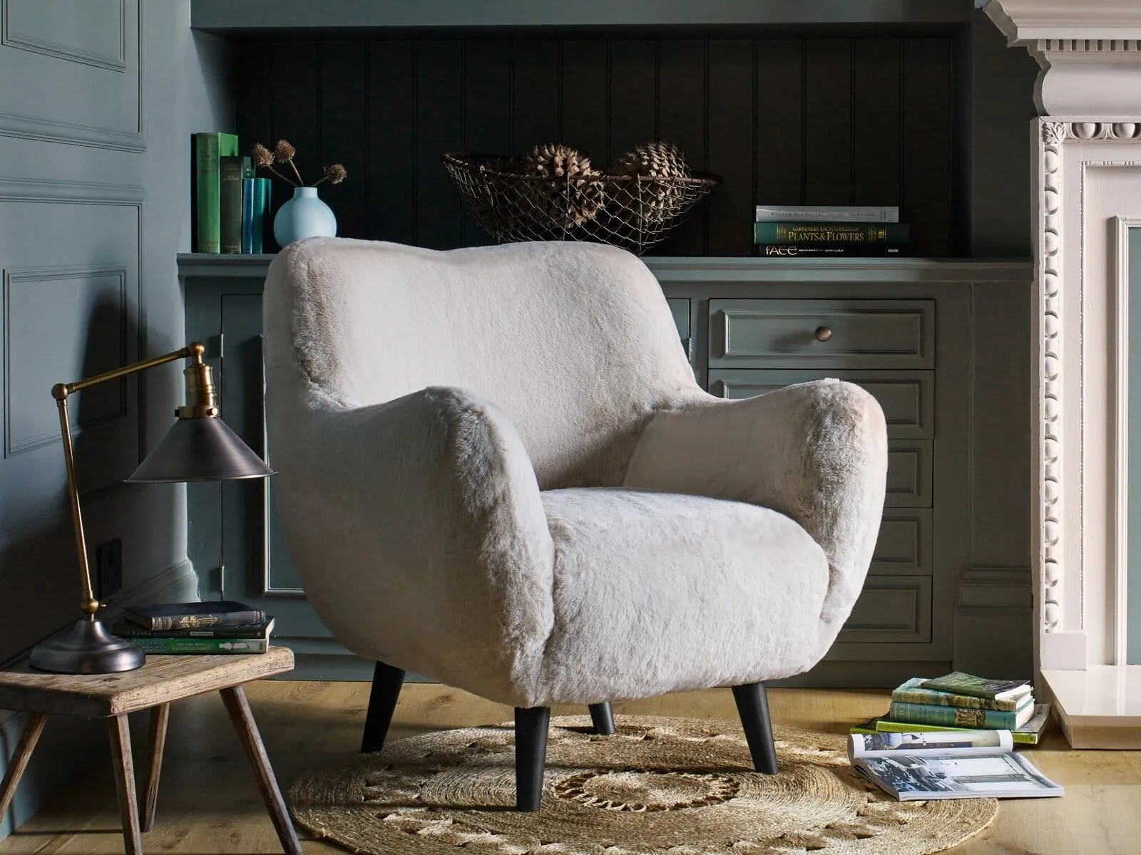 Faux fur upholstered fireside chair