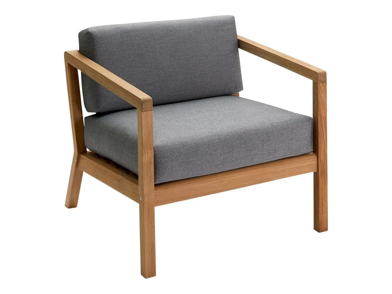 Teak frame outdoor armchair with grey fabric cushions