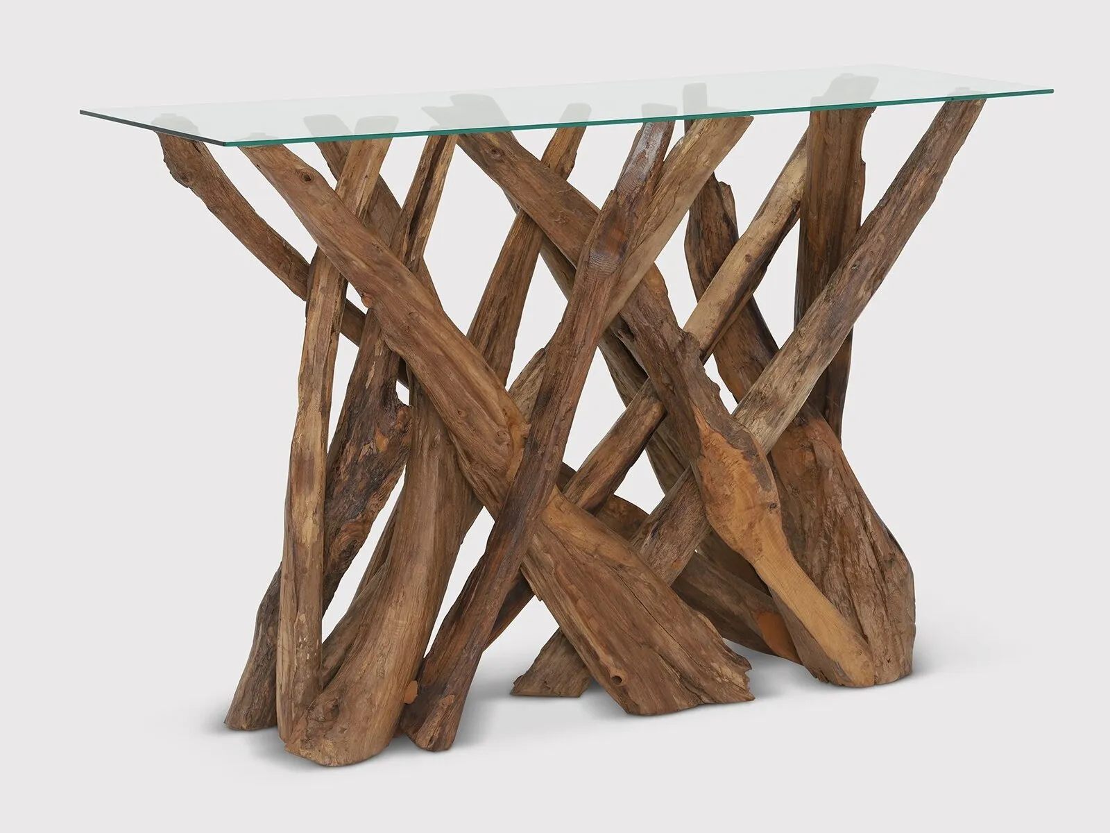 Teak root console table with glass top