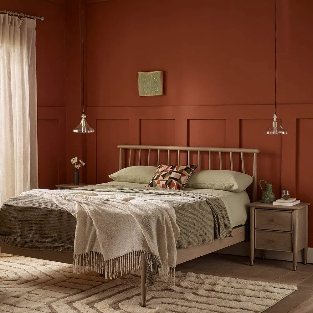 acacia bed with spindle headboard
