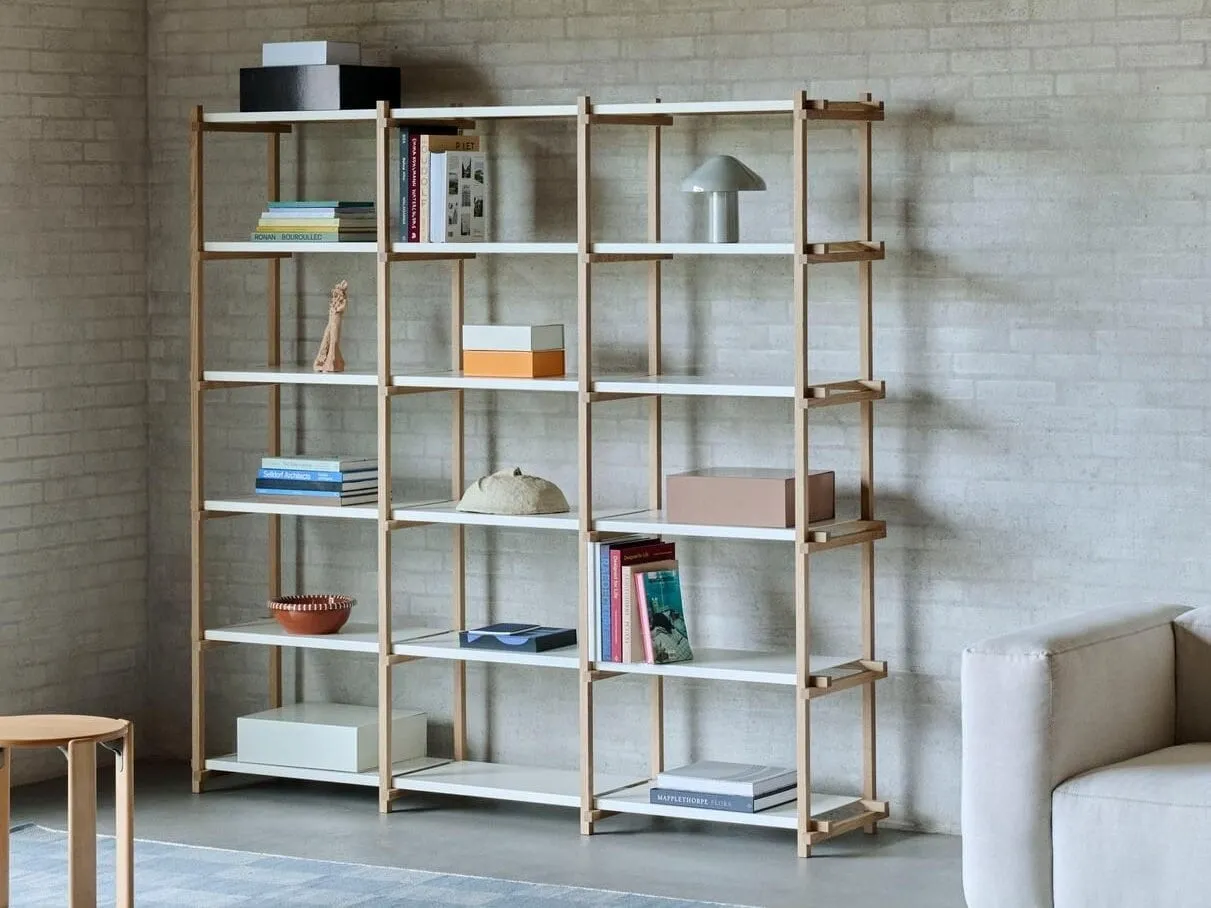 Wooden shelf unit  with white metal shelves