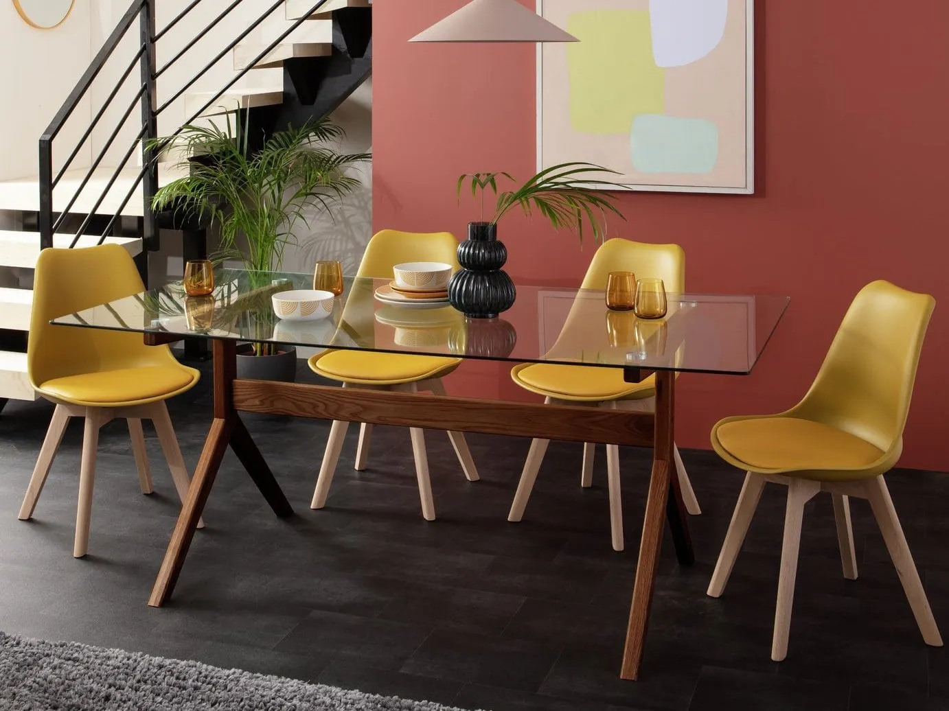 Glass dining table with walnut frame
