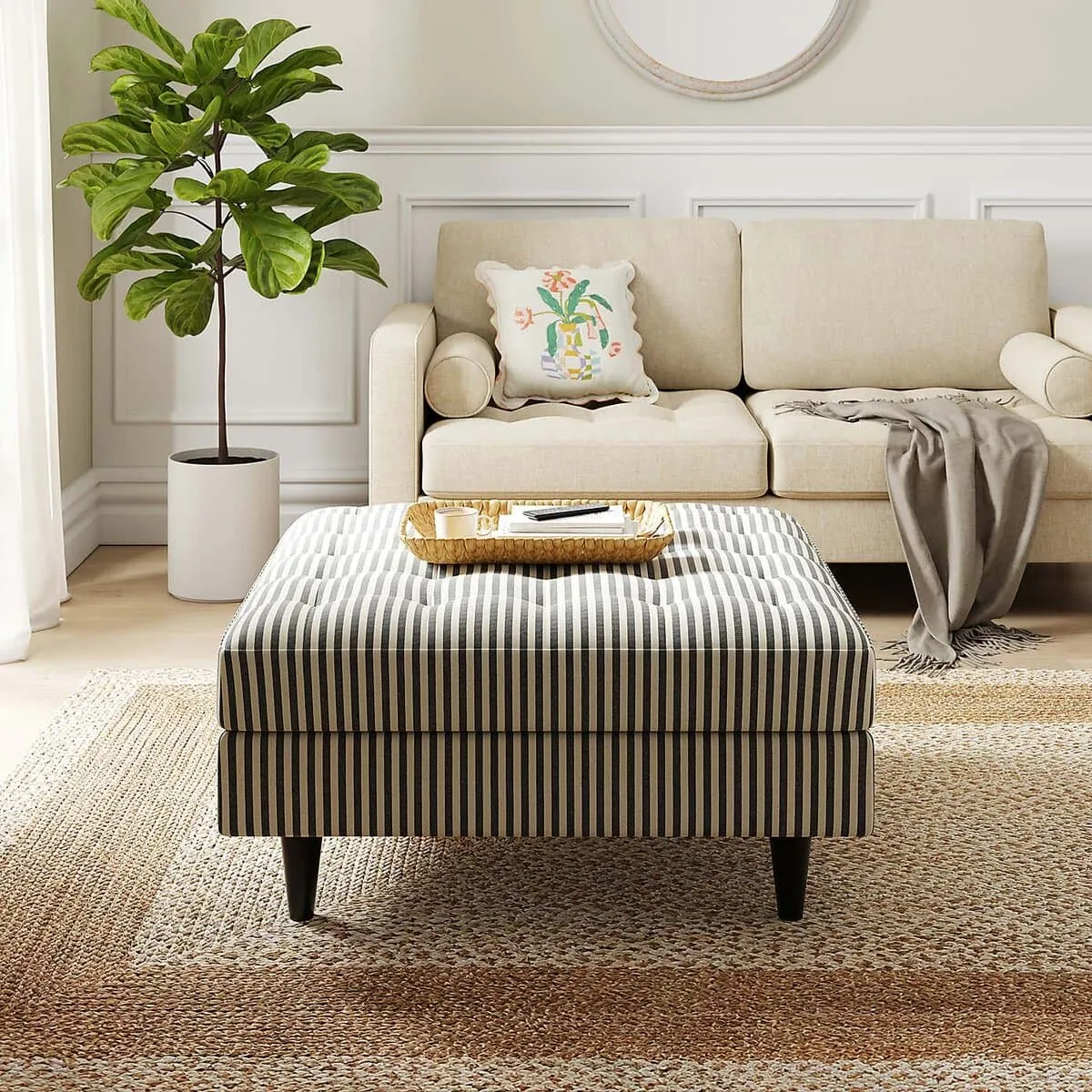 Pin-stripe fabric upholstered ottoman