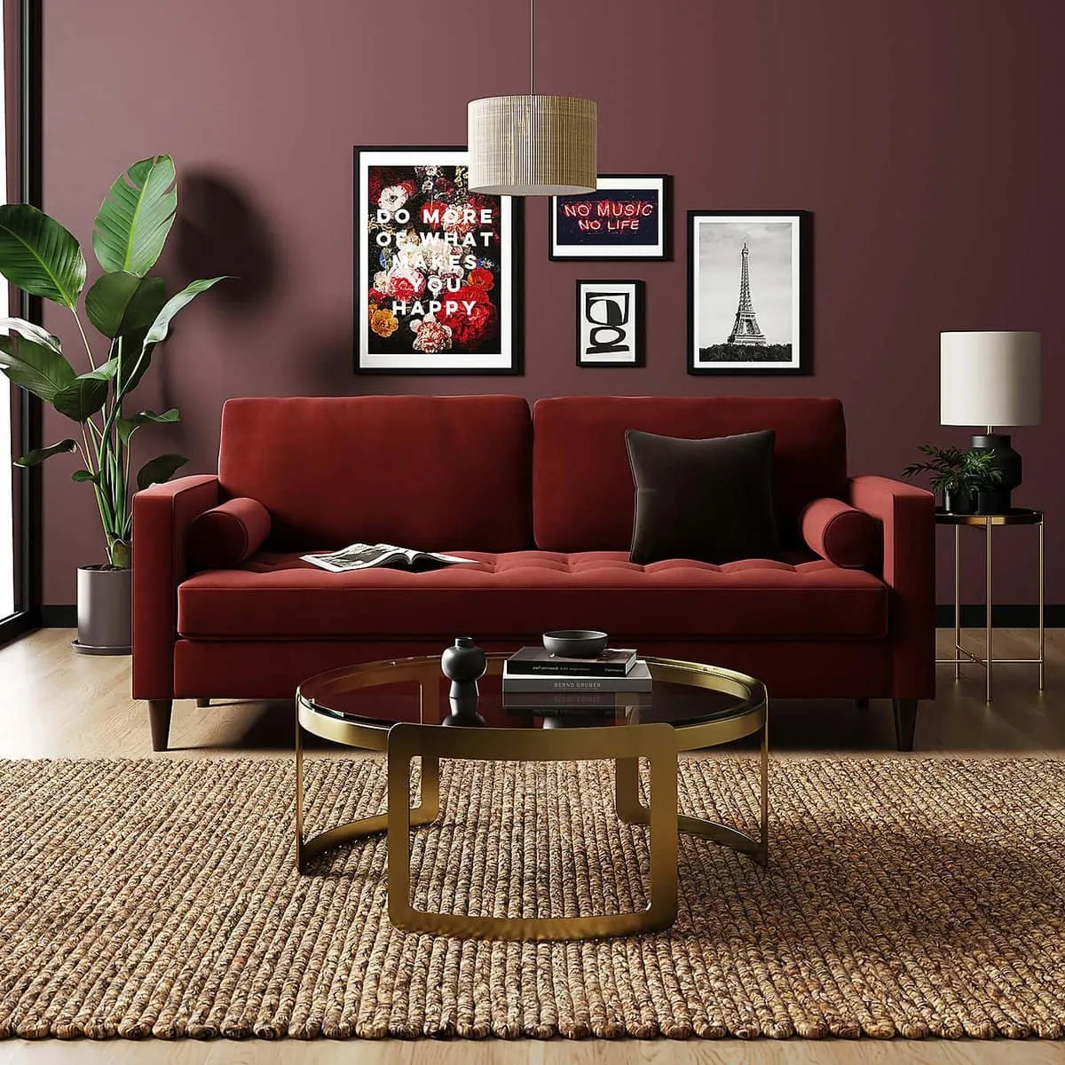 Mulberry velvet upholstered sofa