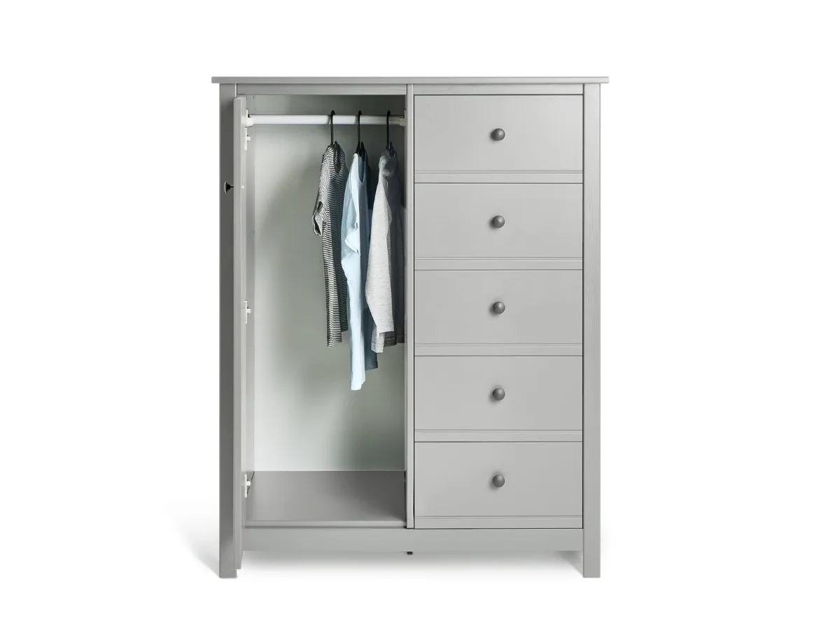 White short wardrobe with hanging rail and 5 vertical drawers