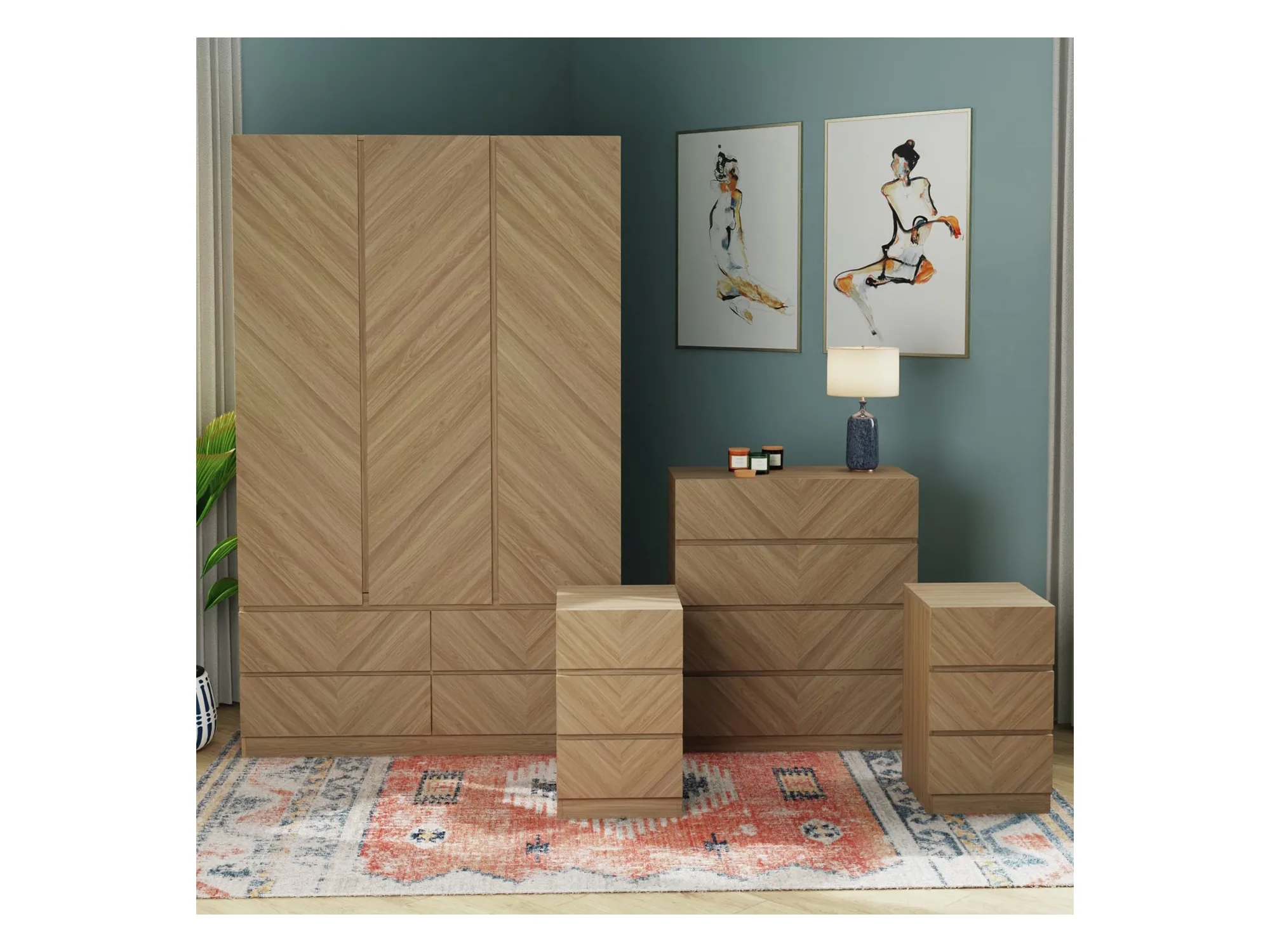 4-piece chevron pattern oak finish bedroom furniture set