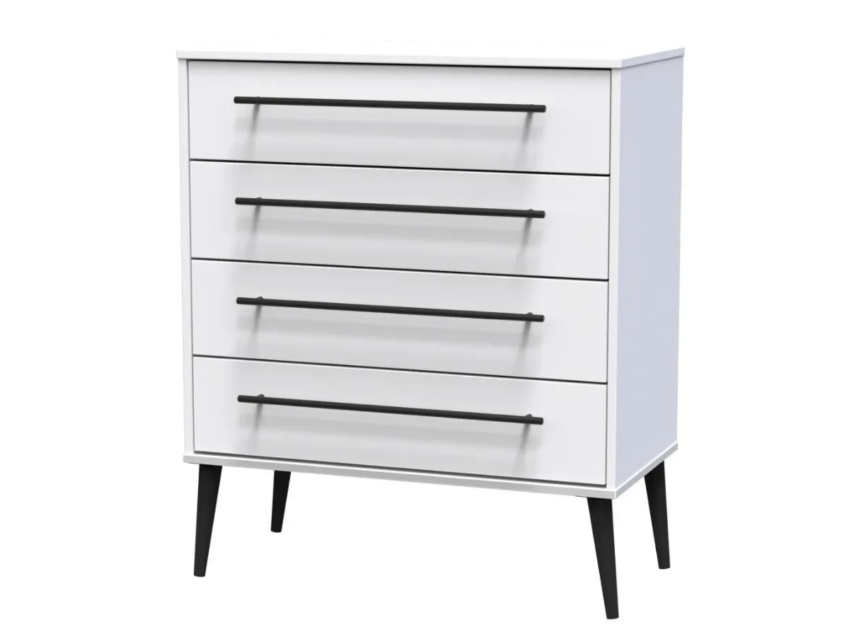 White drawer chest with black bar handles and black legs