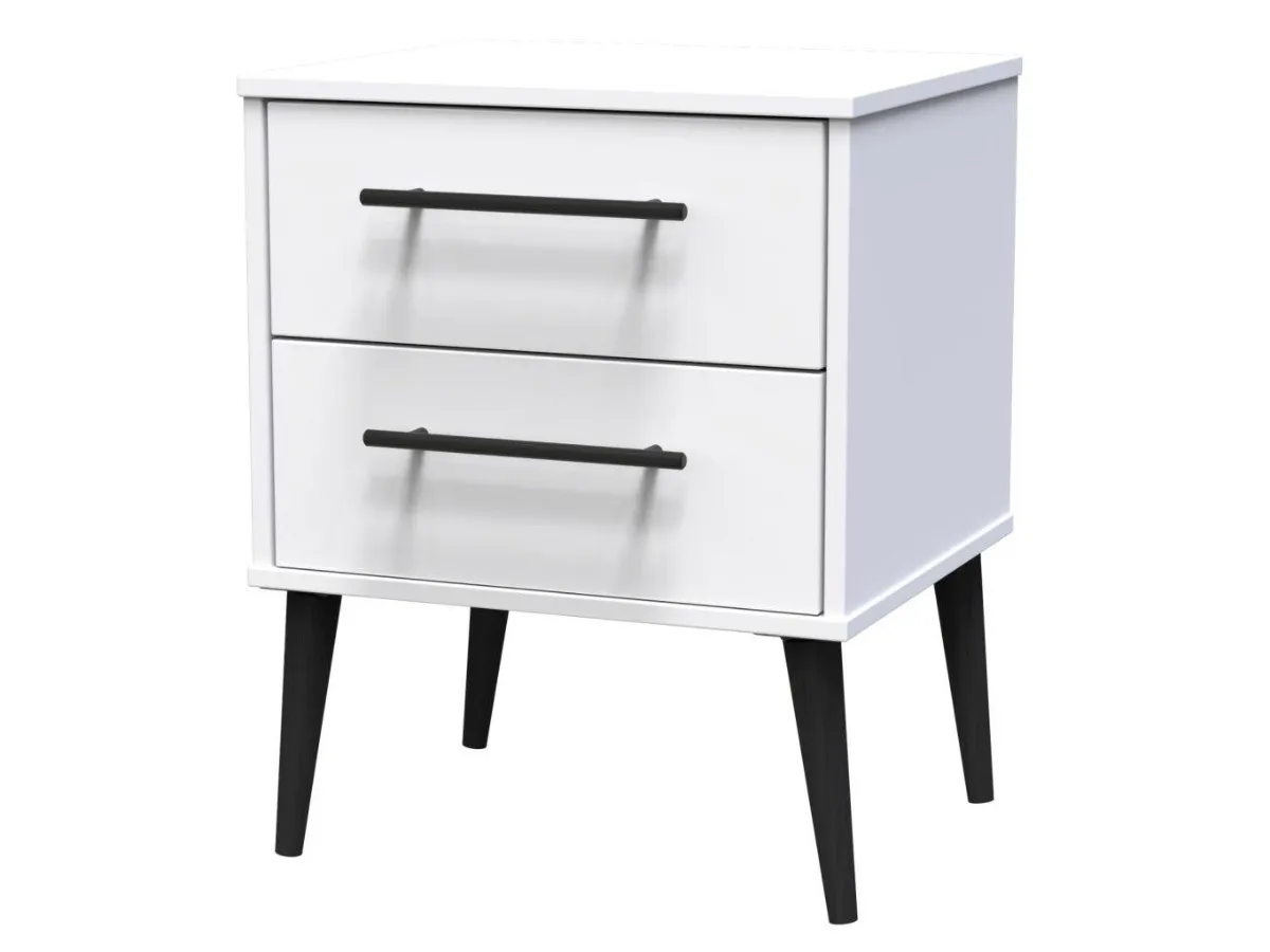 White bedside table with black legs and handles