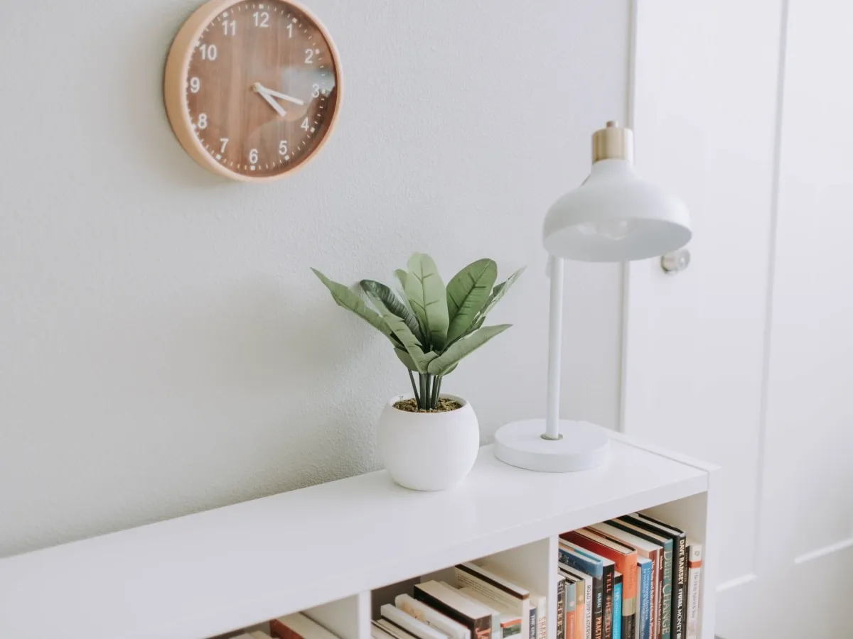 Pale green wall with white lamp, bookcase and door