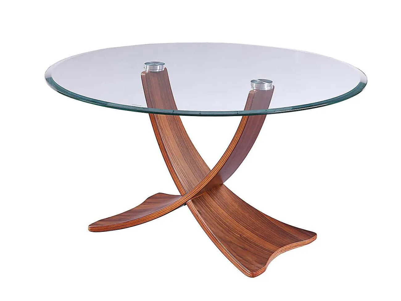 Round glass coffee table with curved oak finish frame