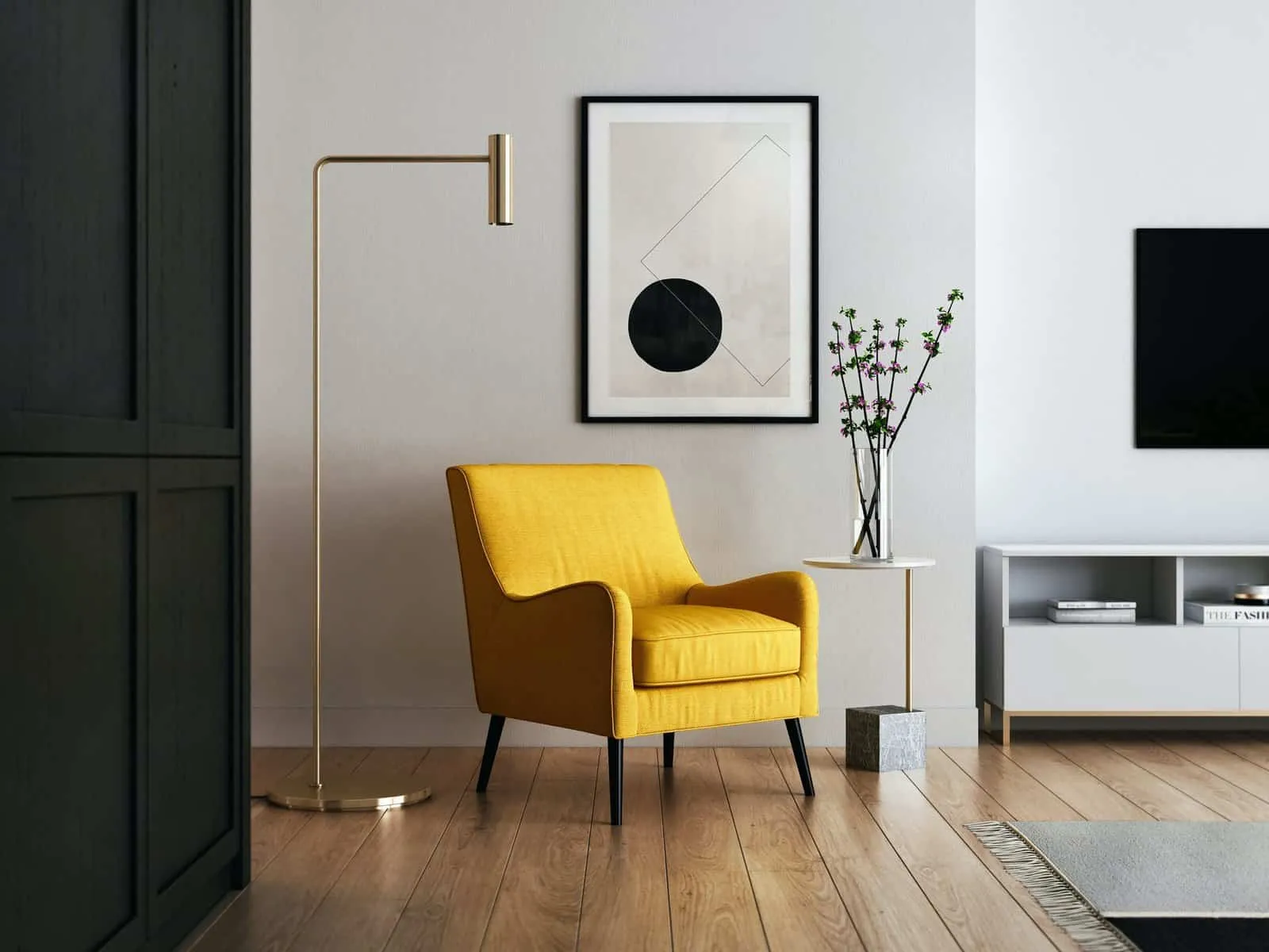 Yellow armchair on a wooden floor