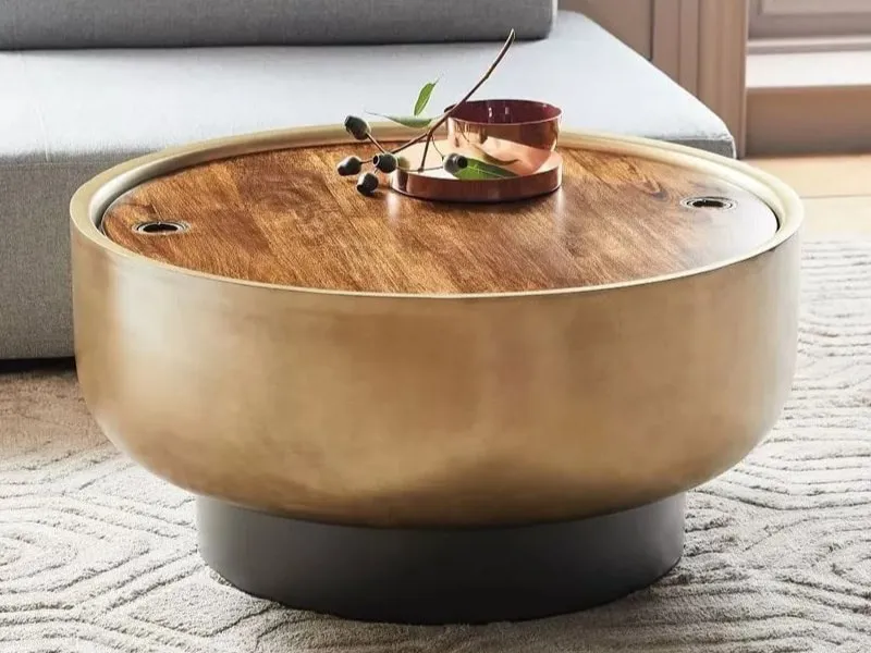 Round storage coffee table with mango wood lid and antique brass finish body