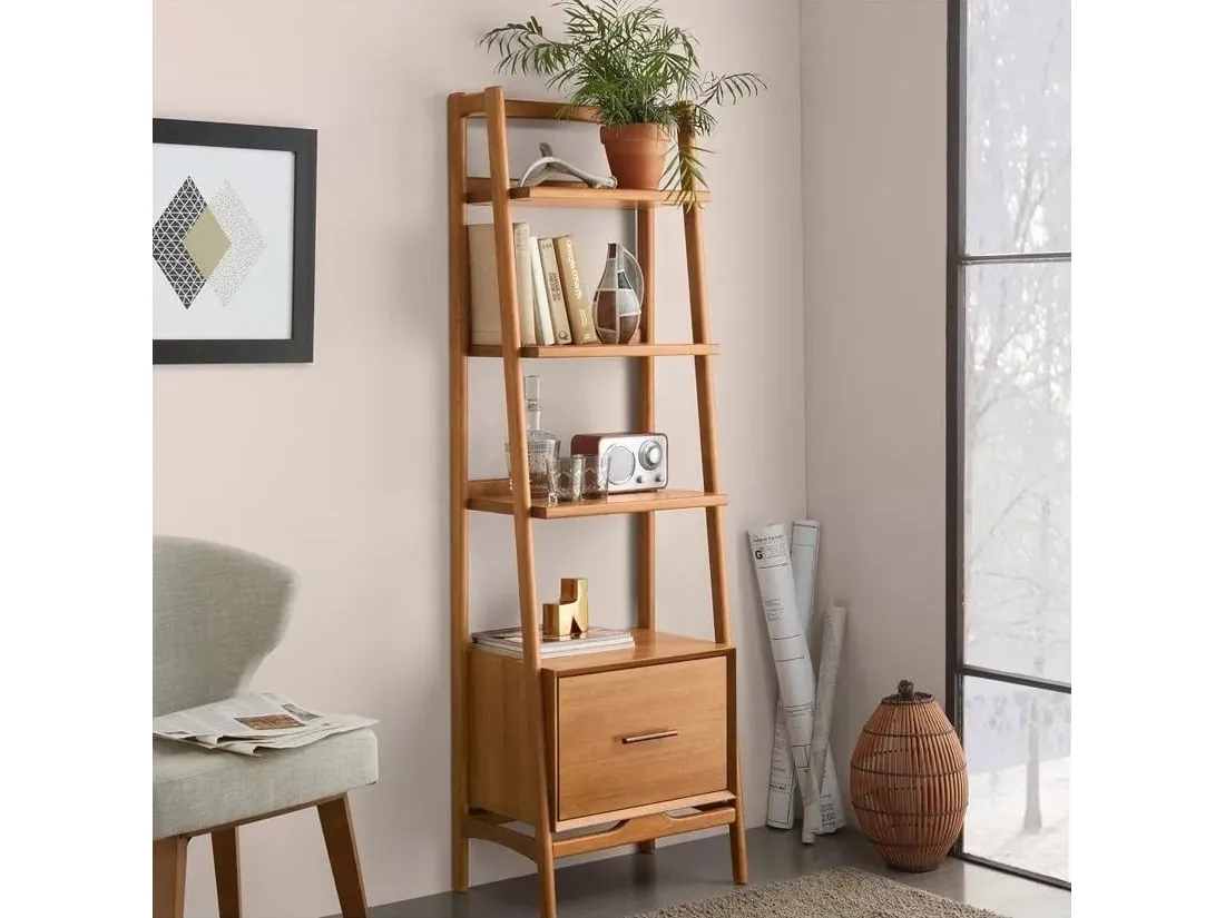 Mid-century-style bookcase with drawer in base