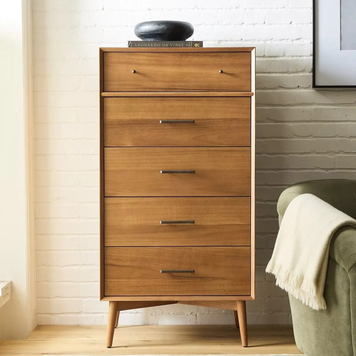 Acacia finish 5-drawer tallboy