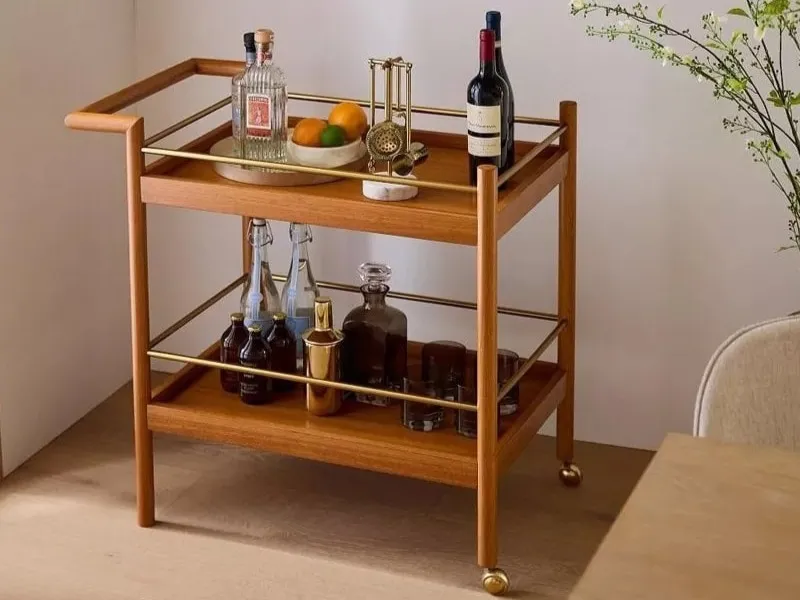 2-tier bar cart with acorn finish and brass details