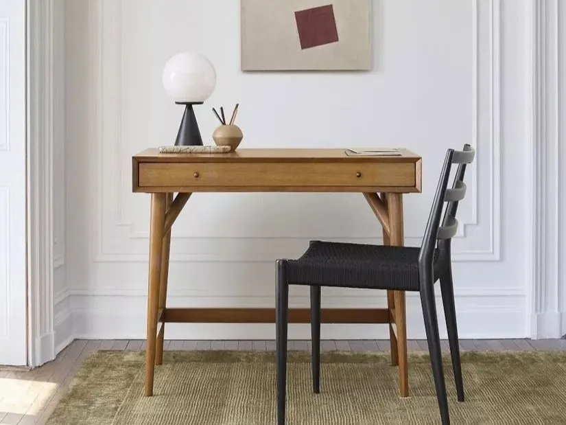 Mid-century style acacia wood desk with single drawer