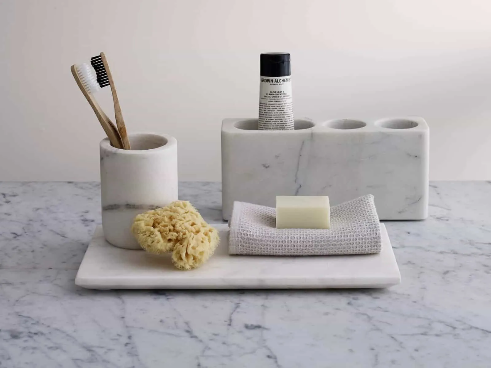 White marble bathroom accessories